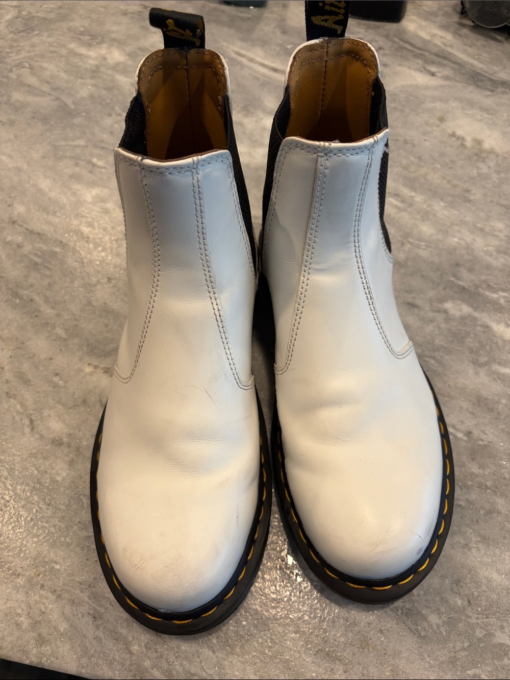 Doc Marten White Leather Chelsea Boots with Yellow Stitching